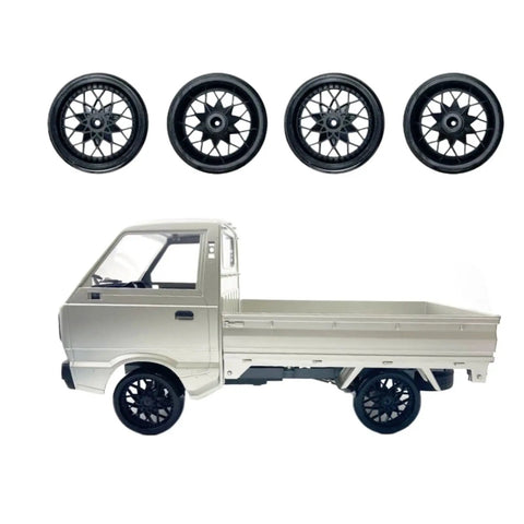 Drift Ready Rubber Tires And Thin Wheel Kit For D12 D42 RC Trucks, shown with black wheels on an RC truck.