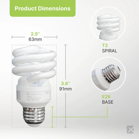 Product dimensions of Eight Pack T2 Spiral CFL Light Bulbs With E26 Base 13W 5000K Daylight, showing spiral shape and E26 base.