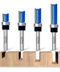 Workhorse Pro Grade Flush Trim Router Bit Set Four Piece One Quarter Inch Shank Carbide Tipped shown on wooden panel.
