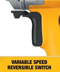 Close-up of the reversing switch and ergonomic grip of the Badass Torque One Half Inch Spade Handle Corded Drill.