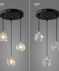 Three Light Crystal Chandelier With Dimmable LED Lighting For Kitchen Island And Dining Room, Adjustable Color Temperature 3000K 4000K 6000K, Clear Glass Shade showcasing lights on and off.