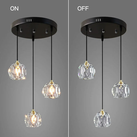Three Light Crystal Chandelier With Dimmable LED Lighting For Kitchen Island And Dining Room, Adjustable Color Temperature 3000K 4000K 6000K, Clear Glass Shade showcasing lights on and off.