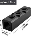 3 Way 5 Port Air Manifold For Compressors, Inline Air Hose Block Splitter with product dimensions, black aluminum