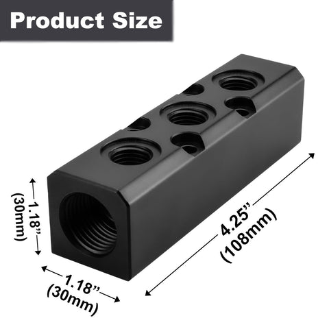 3 Way 5 Port Air Manifold For Compressors, Inline Air Hose Block Splitter with product dimensions, black aluminum
