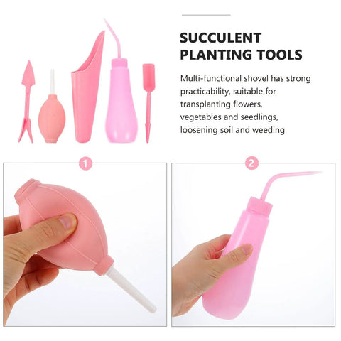 Succulent Planting Kit For Pots And Bonsai Care 5 Piece Pink Garden Tool Set With Transplanting Trowel Spade Fork Tweezers And Sheath For Indoor Outdoor Gardening, hand-held watering bottle