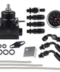 Heavy Duty EFI Fuel Pressure Regulator Kit With Adjustable 0 To 100 PSI Readings And Rock Solid 45mm Oil Filled Dial Gauge parts arrangement.