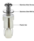 Close-up of stainless steel screw, M6 gasket, and plastic nut from Rust Resistant Universal Toilet Seat Bolts And Nuts Kit