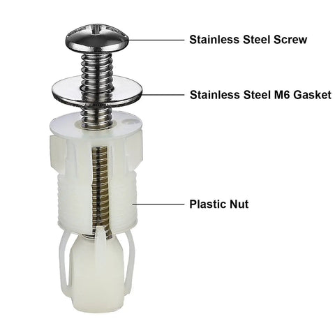 Close-up of stainless steel screw, M6 gasket, and plastic nut from Rust Resistant Universal Toilet Seat Bolts And Nuts Kit