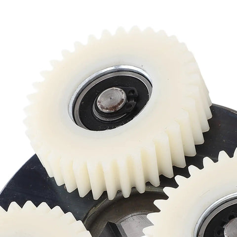 Close-up of Nylon 36T gears from Planetary Gear Motor Gear Clutch Kit For Electric Motors, durable steel nylon build, 88mm clutch visible.