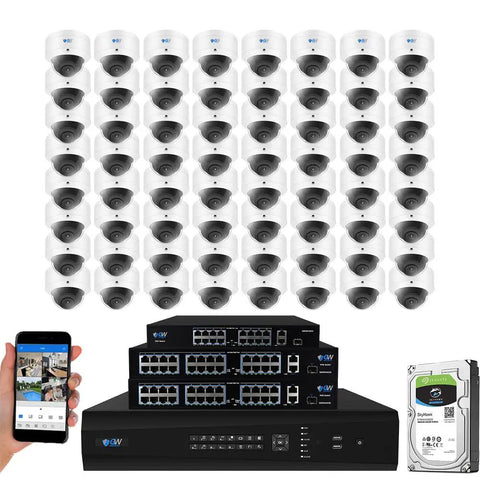 All In One 64 Channel 4K NVR System With 64 8MP AI Dome Cameras, Face, Human, Vehicle Detection, 100ft Night Vision, Indoor Outdoor Weatherproof