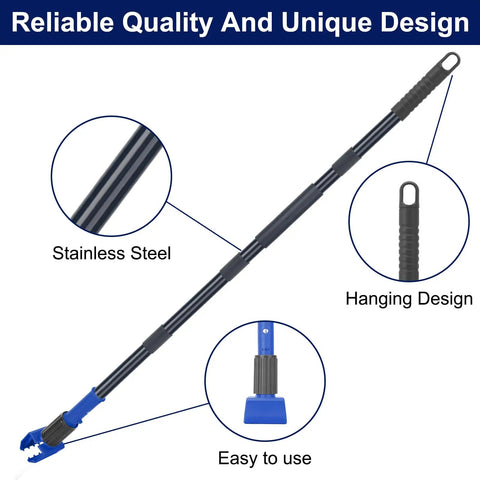 Badass Heavy Duty Commercial Mop Handle 57.5 Inch Extended Pole with stainless steel, hanging design for easy use.