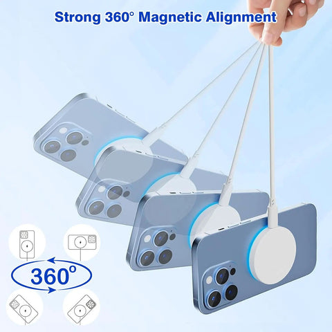 MagSafe Magnetic Wireless Charger Pad 15W MFi Certified Fast Wireless Charger demonstrating strong 360° magnetic alignment with a phone