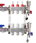 Three Branch Radiant Heat Manifold Stainless Steel PEX Manifold with integrated thermometer and 1 inch NPT valves