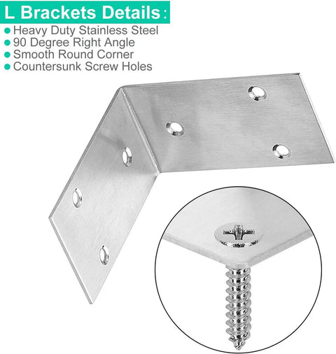 Heavy Duty Stainless Steel L Brackets 3.3 Inch By 1.9 Inch Pack Of 10 90 Degree Corner Shelf Braces with screws, close-up view