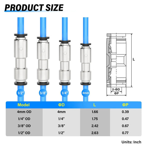 Tailonz pneumatic quick-plug copper check valves set (4 pcs) for air tubing; nickel-plated, sizes 4mm, 1/4, 3/8, 1/2 OD