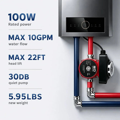 Hot Water Recirculating Pump With Automatic Timer And Stainless Steel Housing For Tank Heaters features 100W power, 10GPM water flow.