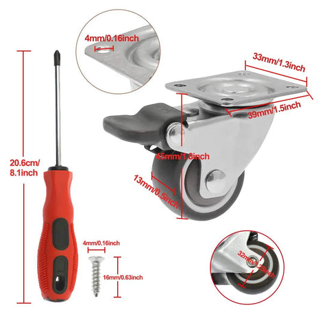4 Pack 1.25 Inch Caster Wheels With Brakes Rubber Swivel Heavy Duty Casters With 360 Degree Top Plate 140 Lbs Total Capacity Includes 20 Screws And Free Screwdriver For Easy Installation Ideal For Tool Carts And Rolling Benches.