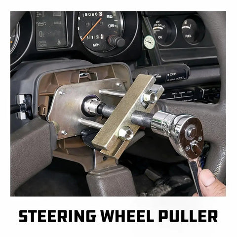 Beefy Heavy Duty Steering Wheel Puller Tool Set with yoke and screw pad removing wheel in vehicle, 14 pcs kit visible