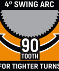 Graphic showing 90 tooth design and 4° swing arc of Half Inch Drive 90 Tooth Dual Material Locking Flex Head Teardrop Ratchet.