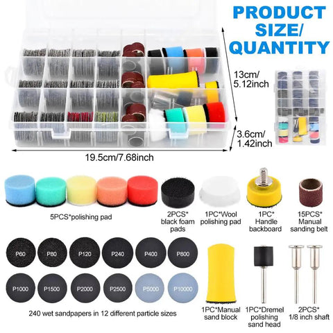 Pro Grade All In One 268 Piece 1 Inch Wet And Dry Sanding Kit with discs, pads, and shank in clear storage box