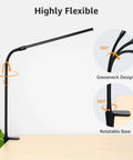 Clip On Desk Lamp LED Reading Light With USB Power Dimmable 3 Color Modes And 10 Brightness Levels Small Clamp Table Light With Flexible Gooseneck For Bed Headboard Home Office Computer Black displayed with gooseneck and rotatable base features.
