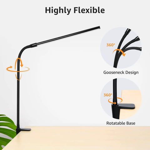Clip On Desk Lamp LED Reading Light With USB Power Dimmable 3 Color Modes And 10 Brightness Levels Small Clamp Table Light With Flexible Gooseneck For Bed Headboard Home Office Computer Black displayed with gooseneck and rotatable base features.