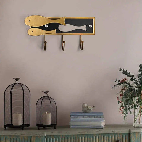 Top Notch Wall Mounted Coat Rack Heavy Duty Metal Wall Hooks Organizer mounted on wall with decorative fish design.