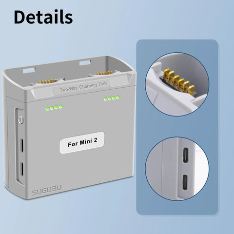 Dual Channel Battery Charger Hub For Mini 2 Series Drones Two Way Charge Station with connector details