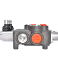 Waltyotur hydraulic directional control valve, 3-spool loader valve with orange port plugs, side view