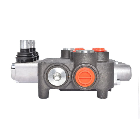 Waltyotur hydraulic directional control valve, 3-spool loader valve with orange port plugs, side view