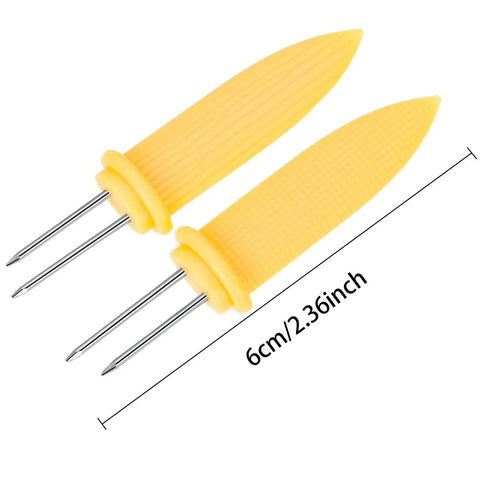 Two yellow corn holders with twin prongs measuring 6cm for 10 Piece Stainless Steel Corn Holders Set For Corn On The Cob Twin Prong Skewers