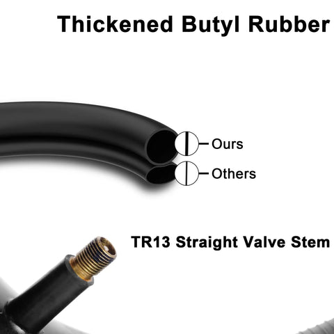 Close-up of 2-Pack 3.50 4.00 6 Inner Tubes Heavy Duty TR13 Straight Valve Stem Replacement showing thickened butyl rubber.