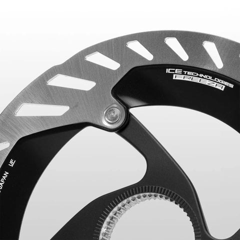 Close-up of RT-CL900 Centerlock Rotor 160mm Silver Disc Brake Rotor For Road And Gravel, steel aluminum construction detail.