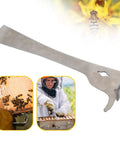 Two Piece Polished Stainless Steel Hive Scraper Tools With J Hook For Beekeeping, shown alongside beekeeper and bees on frame