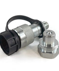 Front view: AKSPARE 3/8 NPT hydraulic quick coupler set; knurled silver body with black connector (2 pieces shown)
