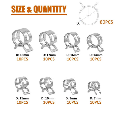 80pcs Spring Band Type Fuel And Silicone Vacuum Hose Clamps Kit 7mm To 18mm Low Pressure Air Clip Clamps for mowers and snowmobiles