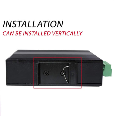 Rugged Outdoor 5 Port Gigabit Ethernet Fiber Converter installed vertically on a DIN rail for industrial use