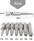 Straight Up Durable 14 Piece Torx Security Star Screwdriver Bits Set Built Like A Tank With S2 Steel Slick 5 Point Tip For Power Drills Zero Slip Grip Top Shelf Heavy Duty Tool Kit Two Inch Long, showing six sizes of bits.
