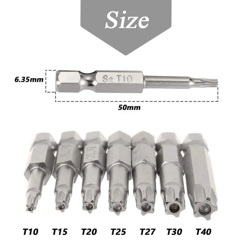 Straight Up Durable 14 Piece Torx Security Star Screwdriver Bits Set Built Like A Tank With S2 Steel Slick 5 Point Tip For Power Drills Zero Slip Grip Top Shelf Heavy Duty Tool Kit Two Inch Long, showing six sizes of bits.