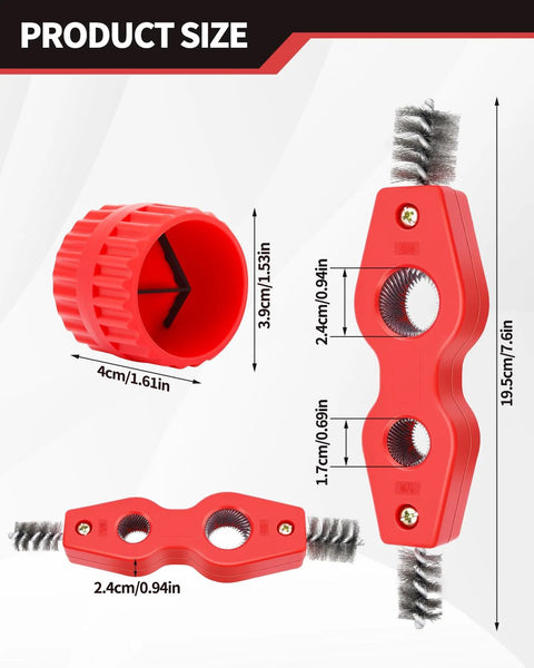 4-piece copper tubing brush and reamer set; red plastic handles for 1/2 in and 3/4 in pipes