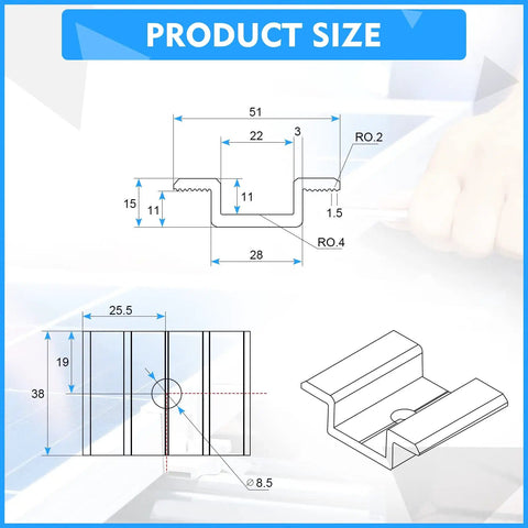 Technical diagram of 12 Pack Aluminum Solar Panel Mid Clamps 1.06 Inch For Secure Mounting with measurements.