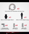 Components of 6AN PTFE Fuel Line Kit With Stainless Braided Hose 5.8ft Long High Pressure Up To 3000 PSI Compatible With TH350 TH400 4L60E 4L80E 700R4 Transmissions And Ford C5 Oil Cooler And Fuel Lines