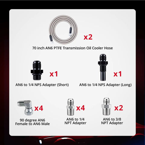 Components of 6AN PTFE Fuel Line Kit With Stainless Braided Hose 5.8ft Long High Pressure Up To 3000 PSI Compatible With TH350 TH400 4L60E 4L80E 700R4 Transmissions And Ford C5 Oil Cooler And Fuel Lines