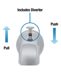 Replacement Tub Spout With Diverter Chrome 5 Inch For 1/2 Inch Or 3/4 Inch IPS Connections, rear pull-up diverter mechanism