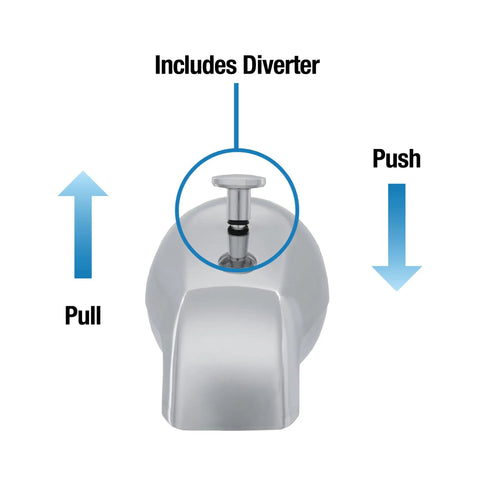 Replacement Tub Spout With Diverter Chrome 5 Inch For 1/2 Inch Or 3/4 Inch IPS Connections, rear pull-up diverter mechanism