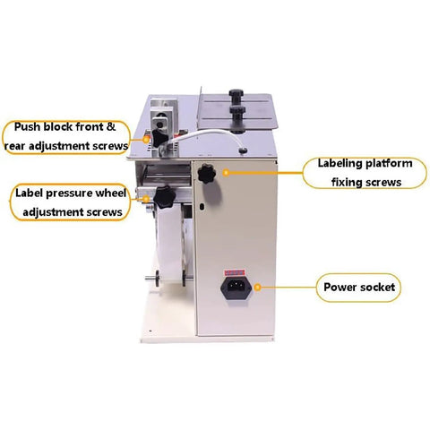 Detailed view of Hot Two In One Automatic Right Angle Labeling And Peelable Label Machine with adjustment screws and power socket.