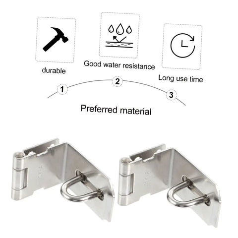Premium 90 Degree Padlock Hasp And Staple Set Stainless Steel Right Angle Gate Lock features durable marine grade hinges.