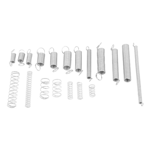 200 Piece Heavy Duty Compression And Extension Springs Assortment Kit With 20 Varied Styles Zinc Plated Steel Set Perfect For Car Mods, DIY Fixes, And Home Repairs In A Handy Storage Box. Zinc-plated steel springs assortment on white background