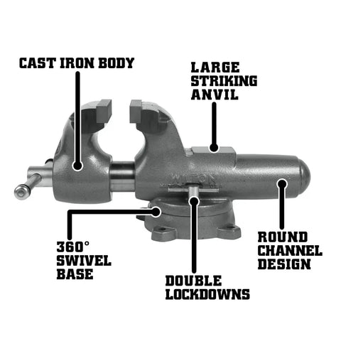 Beefed Up Heavy Duty Bench Vise For Machinists With 6 Inch Jaw Width 10 Inch Opening Five And A Half Inch Throat Locking Swivel Base With Double Lockdowns Sealed Construction For Lifetime Smooth Operation Massive Cast Iron Body And Hardened Steel Jaws. cast iron bench vise with 360° swivel base and double lockdowns