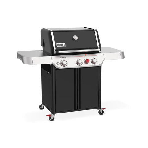 Genesis E 325 Liquid Propane Gas Grill For Outdoor Cooking With Three Burners Black Porcelain Enameled Cast Iron Grates PureBlu Burners And Sear Zone To Level Up Your Grill Game And Extra Grilling Space, front angle view